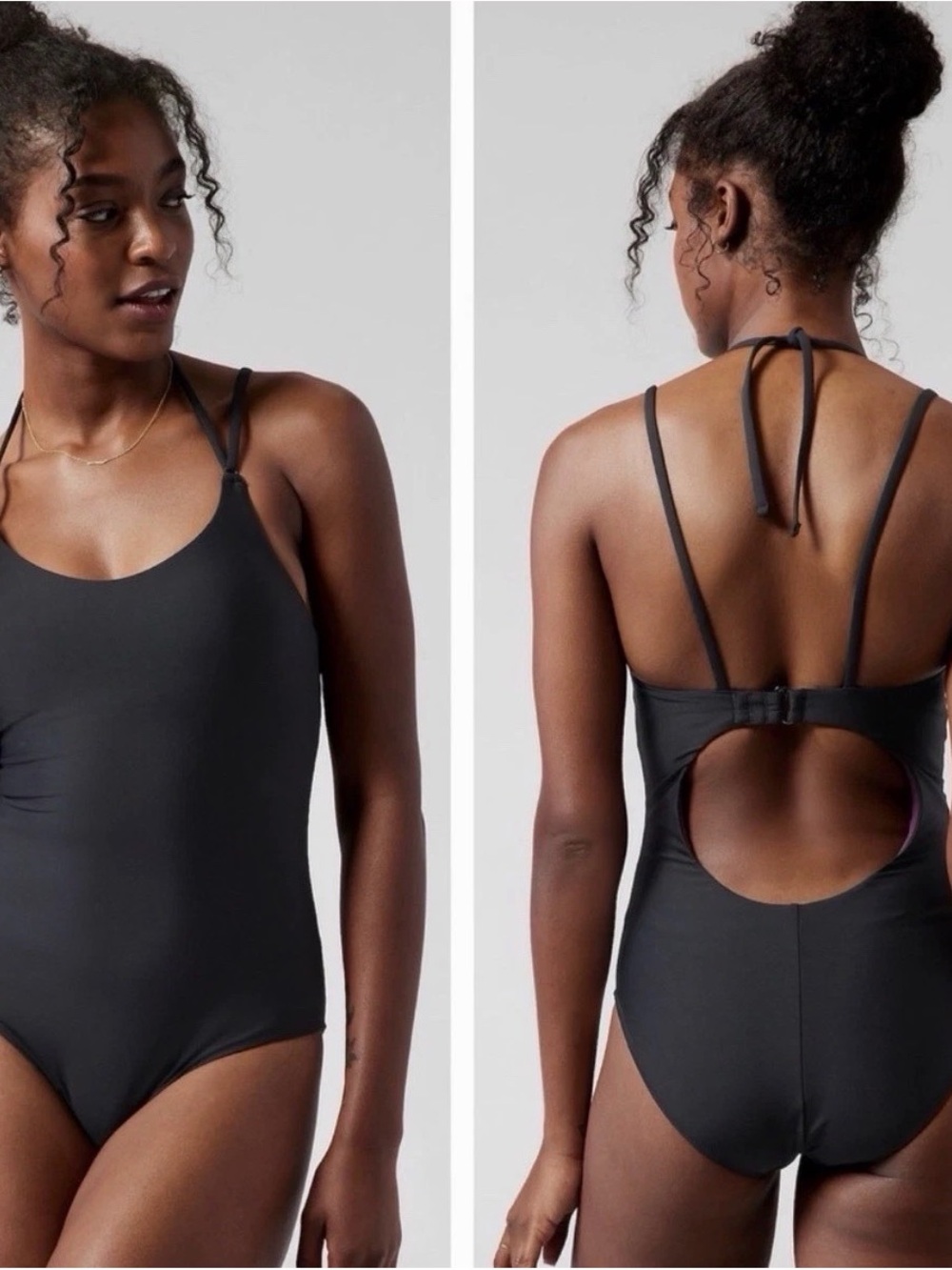 Athleta Swimsuit Size Large Keyhole One Piece Black Halter UPF 50+ Adjustable